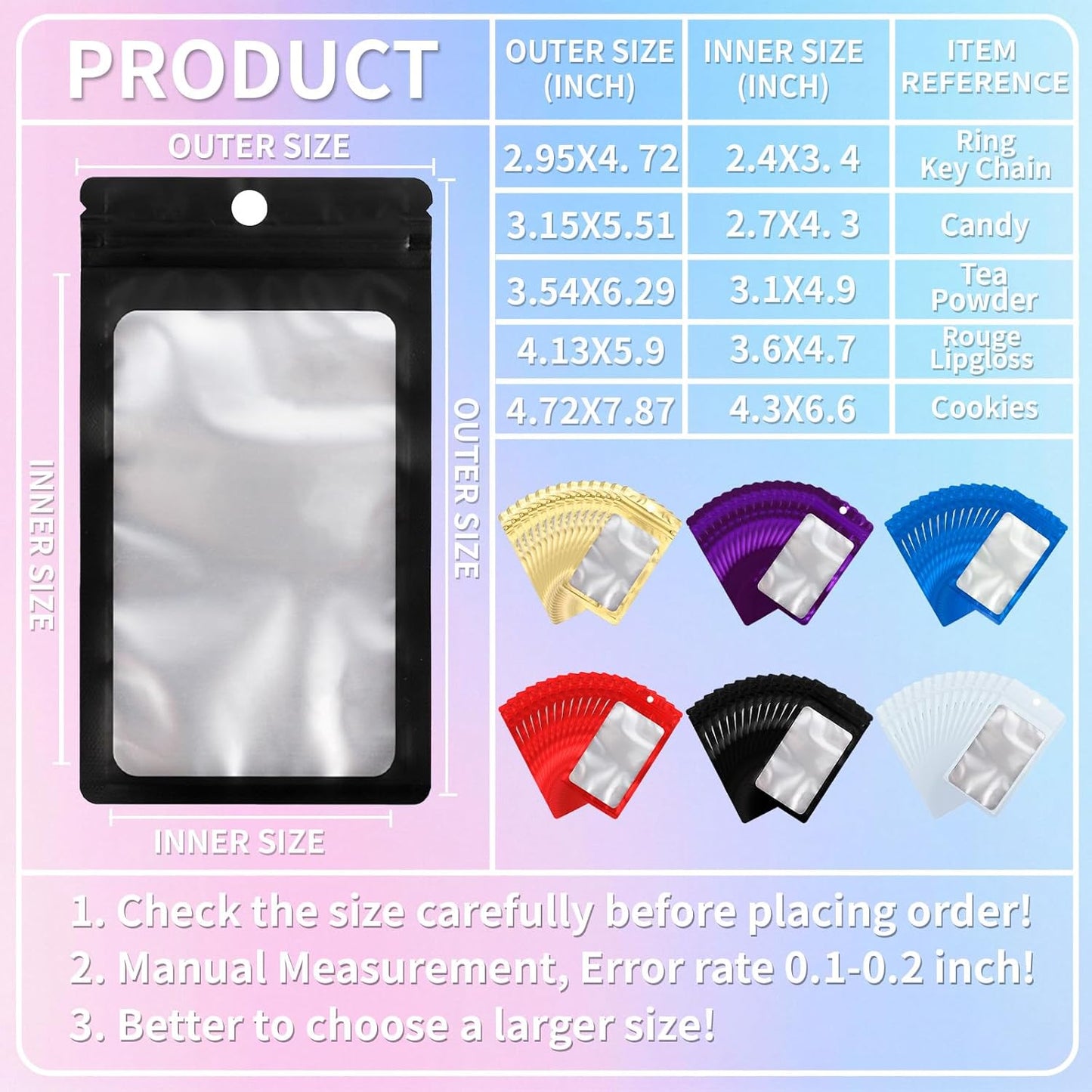 200 Pack Resealable Mylar Holographic Bags Food Storage Smell Proof Bags with Front Window Foil Packaging Pouch for Candy Sample Jewelry Small Business 3.54×6.29 Inch, Black