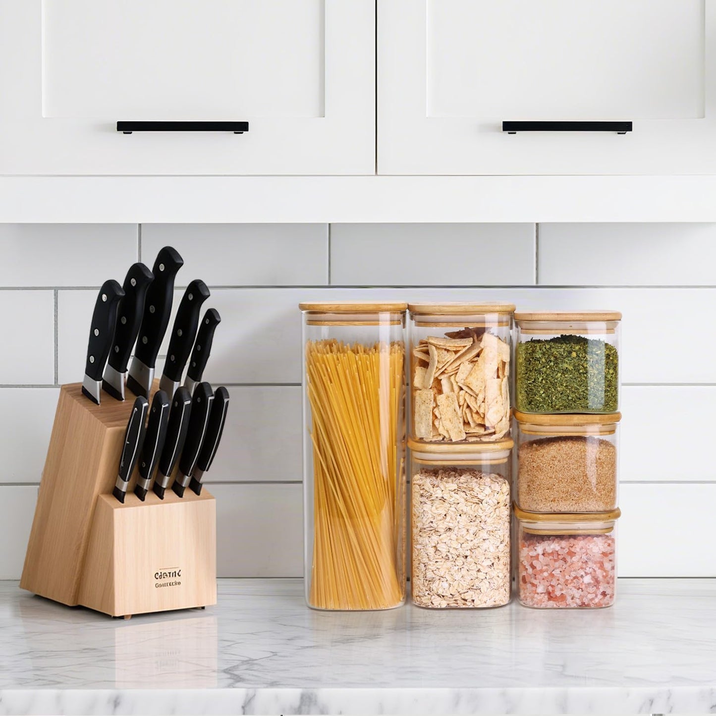 ComSaf Glass Spaghetti Pasta Storage Containers with Lids 2.2 Qt Set of 3, Tall Clear Airtight Food Storage Jar with Lid for Noodles Flour Oat Cereal Sugar Beans, Sqaure Spaghetti Pantry Containers