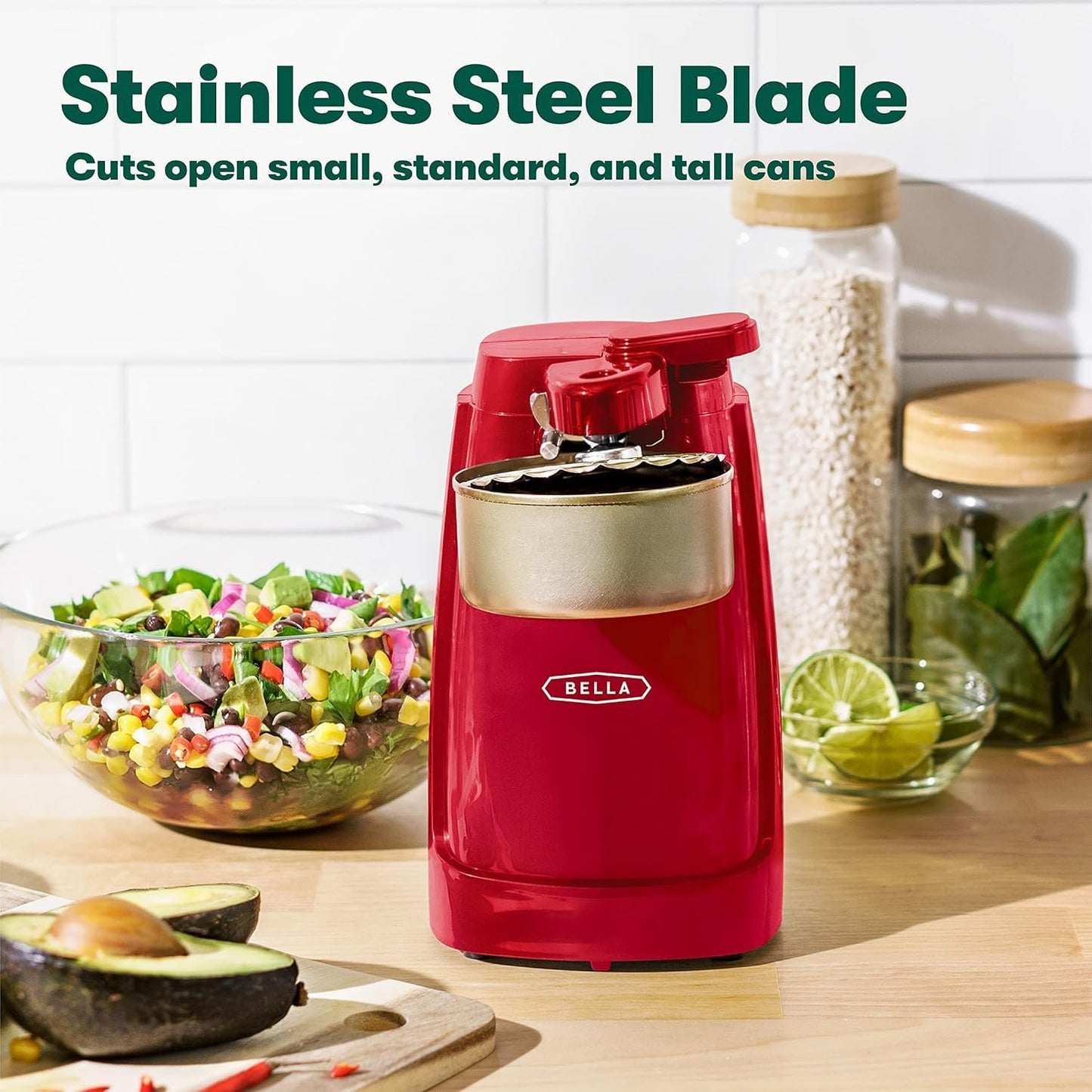 BELLA Electric Can Opener and Knife Sharpener, Multifunctional Jar and Bottle Opener with Removable Cutting Lever and Cord Storage, Stainless Steel Blade, Red