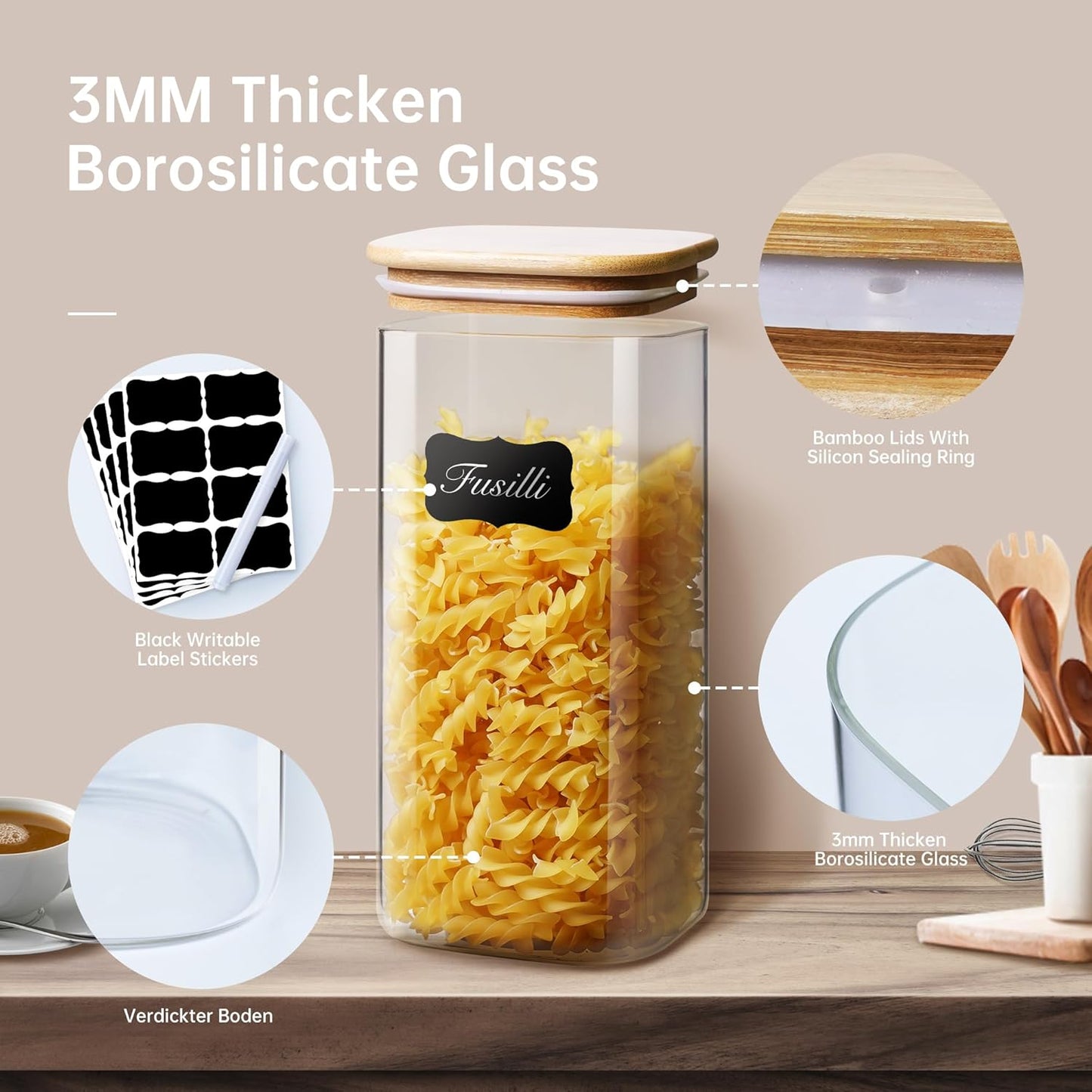 Square Glass Jars with Bamboo Lids 30 FL OZ [Set of 6], Glass Canisters with Airtight Lid, Glass Food Storage Container for Pasta, Flour, Sugar, Rice, Best for Kitchen & Pantry