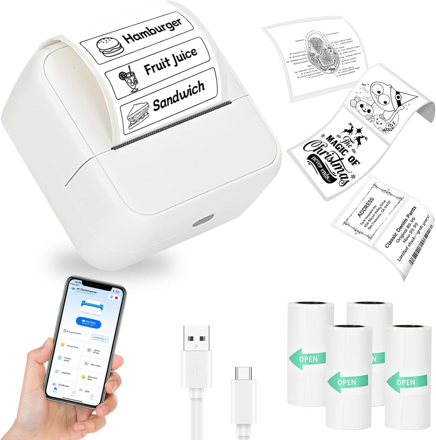 Sticker Printer, Thermal Label Maker Mini Sticker Maker with 4 Roll Paper Bluetooth Inkless Sticker Maker Machine for Home, Office, School, DIY Creations, Sticky Scrapbook, Lists