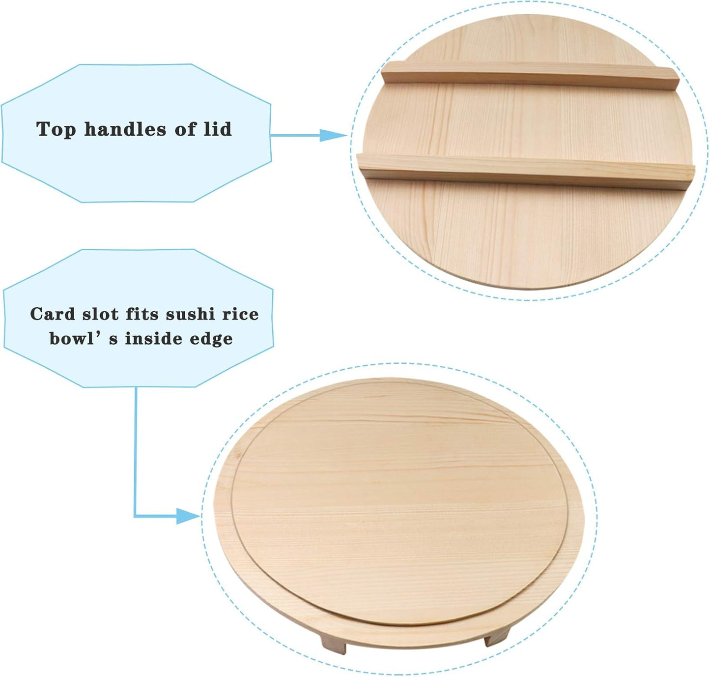 Kichgather Wooden Sushi Rice Bowl with Lid Hangiri Sushi Oke Sushi Rice Mixing Tub (10.6 “ with lid)