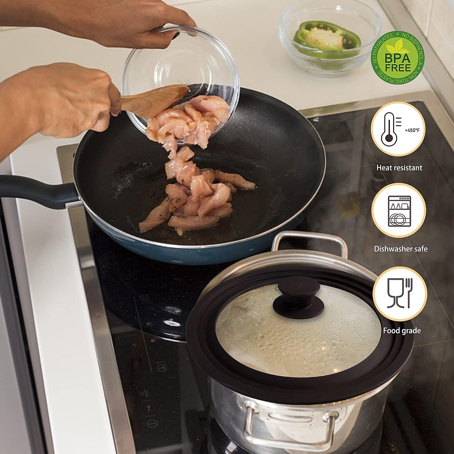 Universal Lid for Pots, Pans and Skillets, Pot Lid With Heat Resistant Silicone Rim and Tempered Glass, Fits 8", 8.5", 9.5" Diameter Pots and Pans