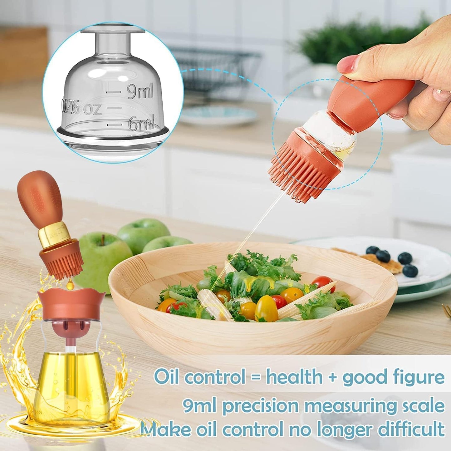 Oil Dispenser Bottle with Silicone Brush, 200ML 2 in 1 Silicone Dropper Measuring Oil Dispenser Bottle for Kitchen Cooking, Frying, Baking, BBQ Pancake, Air Fryer, Marinating - Blue