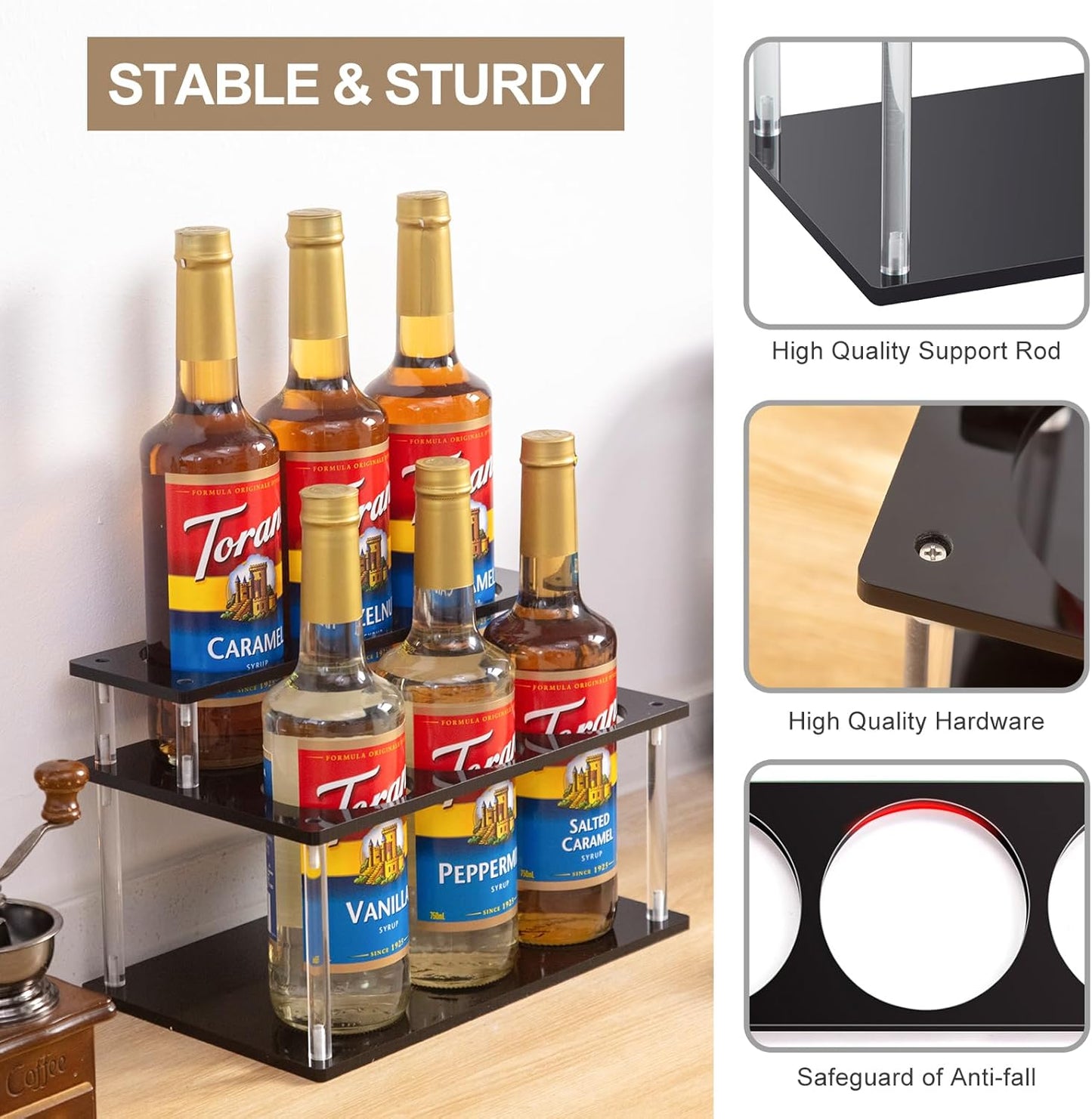 Acrylic Coffee Syrup Organizer, 2 Tier Coffee Syrup Rack (6 Bottle Capacity), Syrup Bottle Holder Stand for Coffee Bar, Kitchen Countertop Syrups, Condiments and Wine (Black)