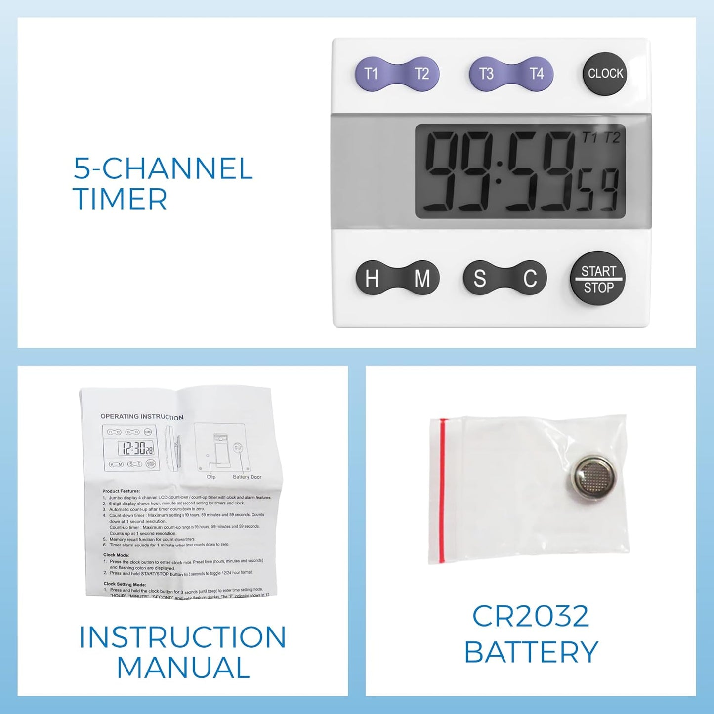 Sper Scientific Portable Digital Kitchen Timer 810015 for Cooking and Baking with Loud Alarm, 4 Channel Timer, Large Display Digital Lab and Cooking Timer, Classroom Timer for Teachers and Students