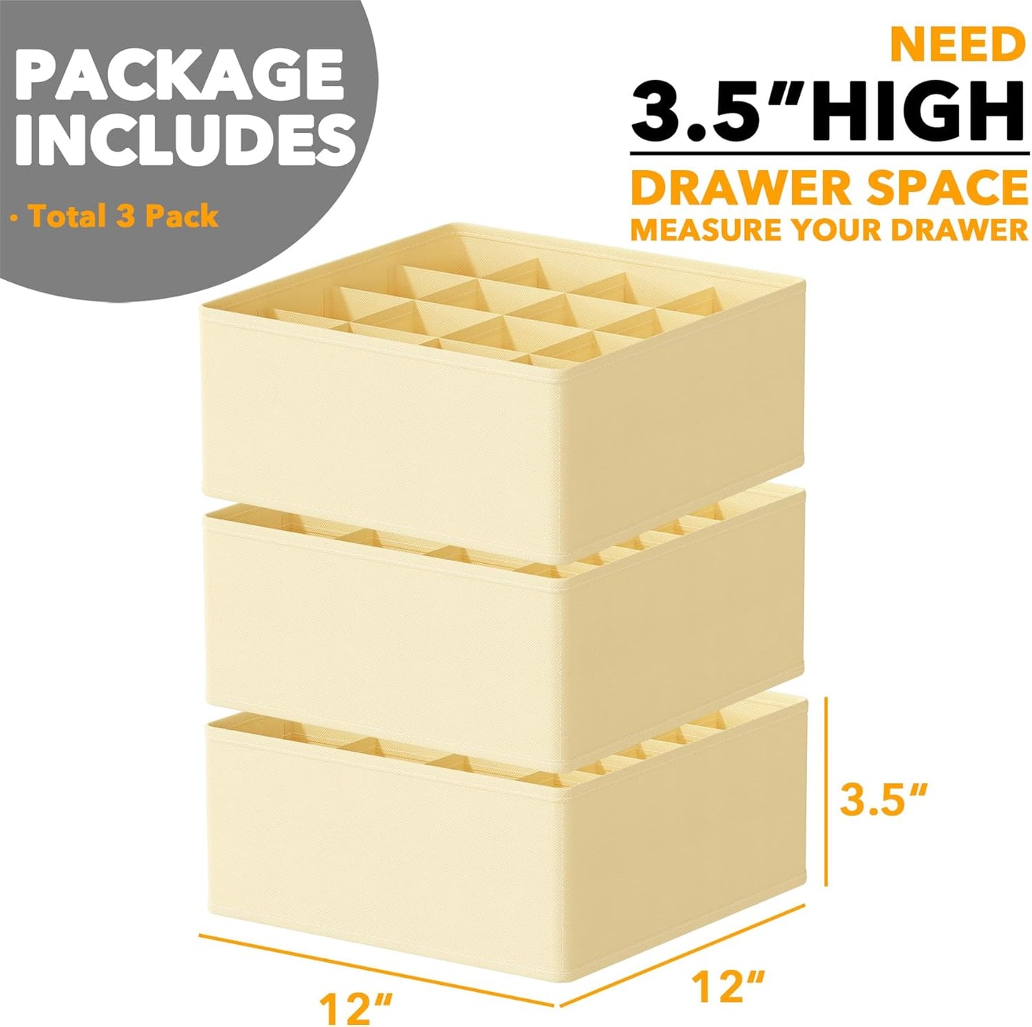 SpaceAid Sock Drawer Organizer Divider 3 Pack, 64 Cell Dresser Closet Nursery Underwear Organizers Storage Bins for Organizing Socks Underwear Ties Belts (Beige)