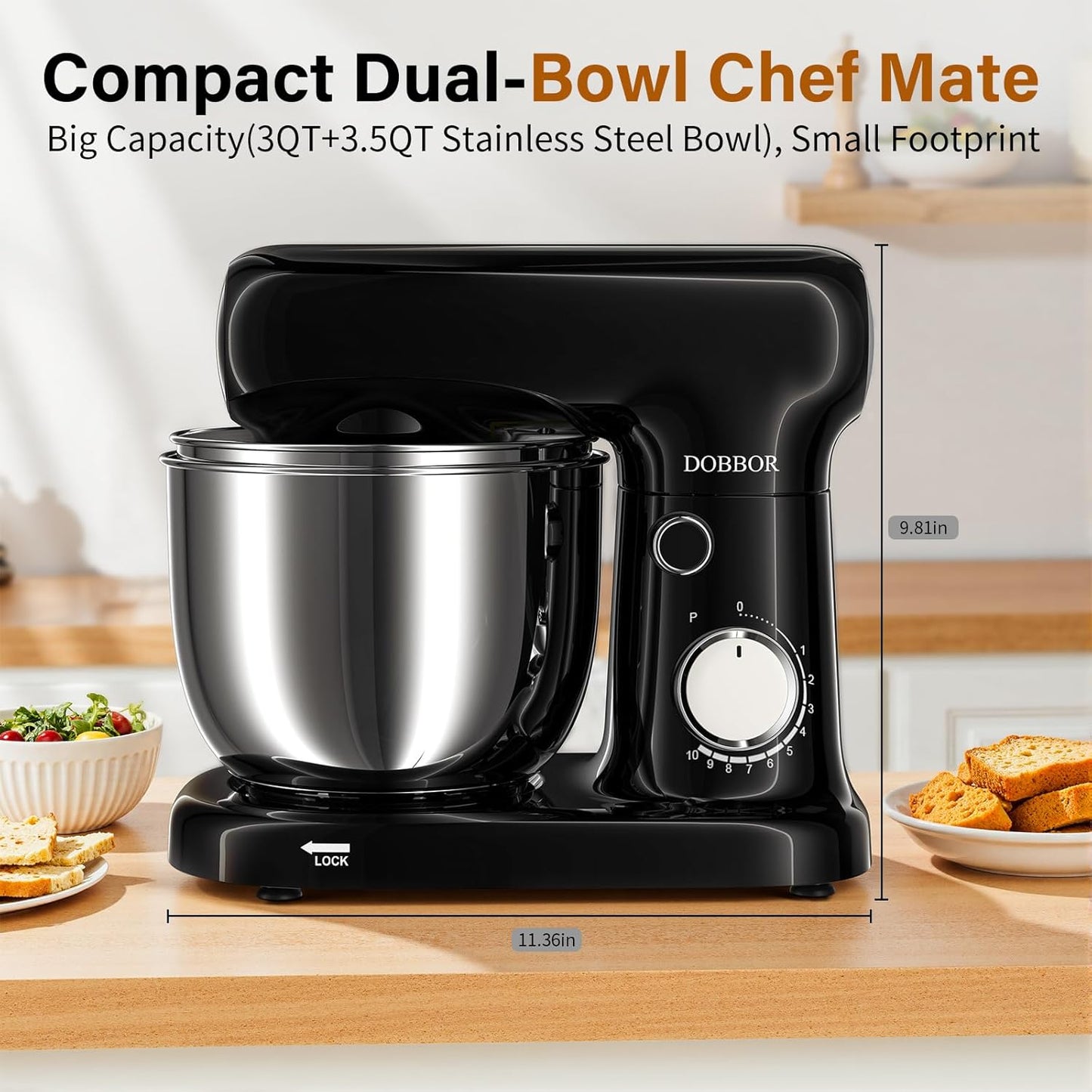 Stand Mixer with 3QT+3.5QT Dual Bowls, 10-Speed Electric 300W Food Mixer - Includes Egg Whisk, Dough Hook & Flat Beater for Home Baking & Daily Cooking (Black)