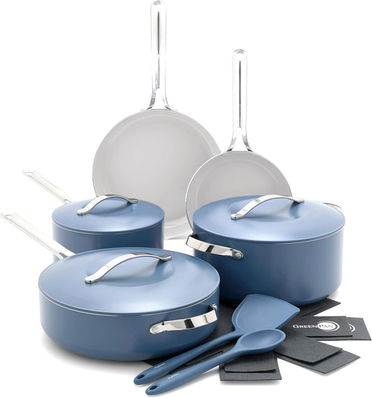 GreenPan Nova 10-Piece Cookware Pots & Pans Set, Oprah’s Favorite Things 2024, PFAS-Free Ceramic Nonstick, Fry, Sauté, Stockpot, Utensils, Lids, Induction Suitable, Dishwasher & Oven Safe, Ocean Blue