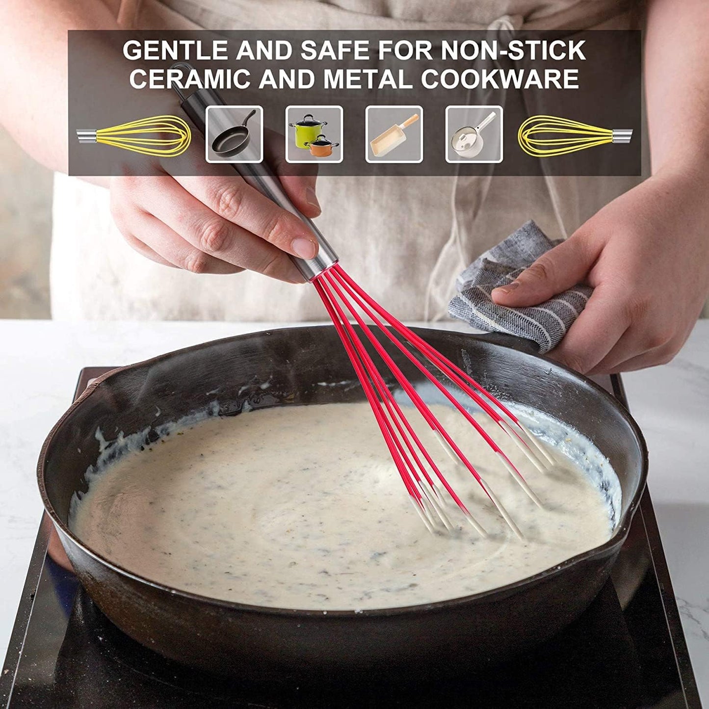 HOTEC 4 Pieces Silicone Whisks Set, Wire Balloon Whisks for cooking Egg Beater, Non-slip Handle Whisk for Non-stick Cookware Perfect for Cooking, Stirring, Beating and Blending (Multicolor)