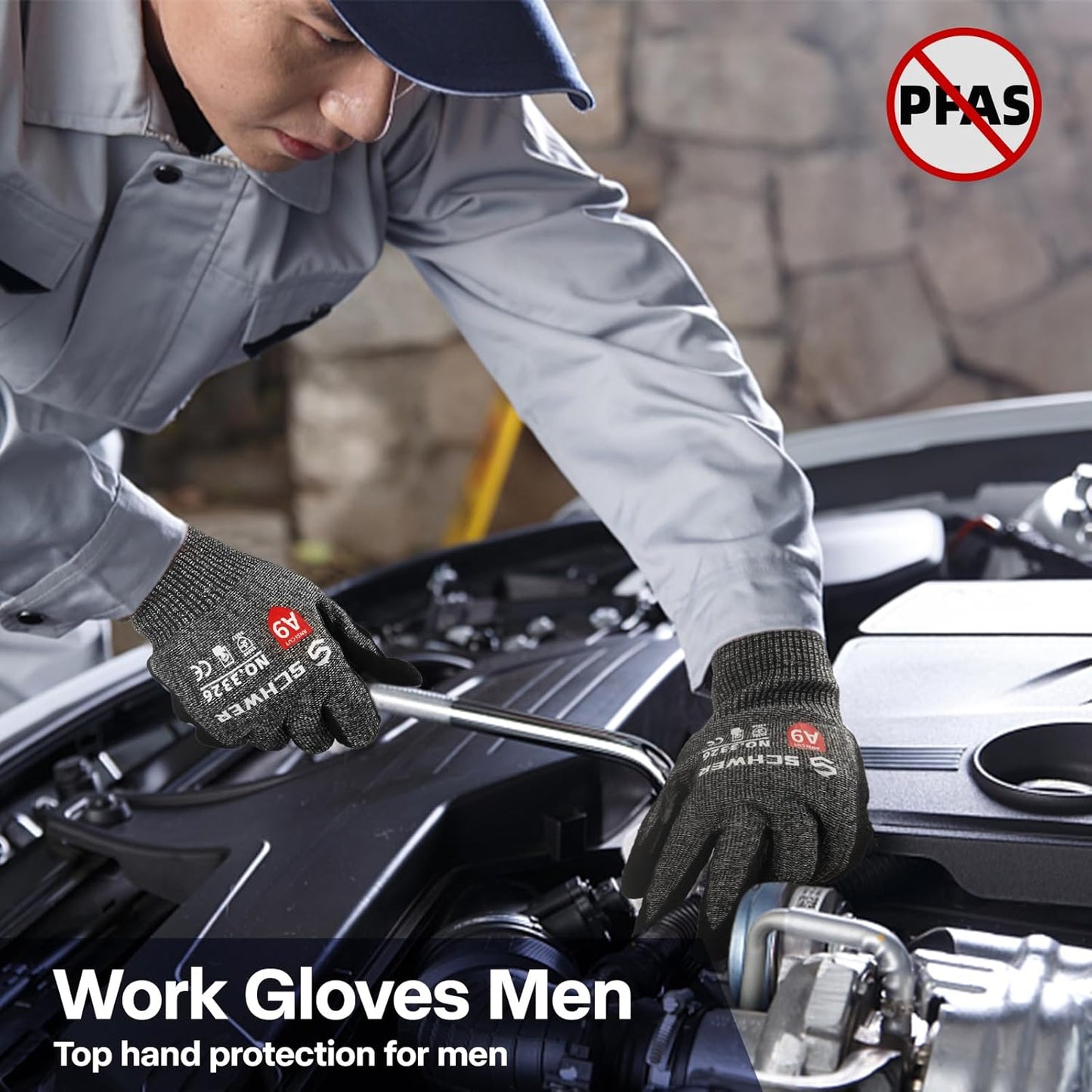 Schwer ProGuard Highest Level Cut Resistant Work Gloves PR3326 for Extreme Protection，ANSI A9 Cut Gloves with Reinforced Thumb, Non Slip, Breathable, Durable, Touch-screen, Non PFAS, Black 1 Pair（S）