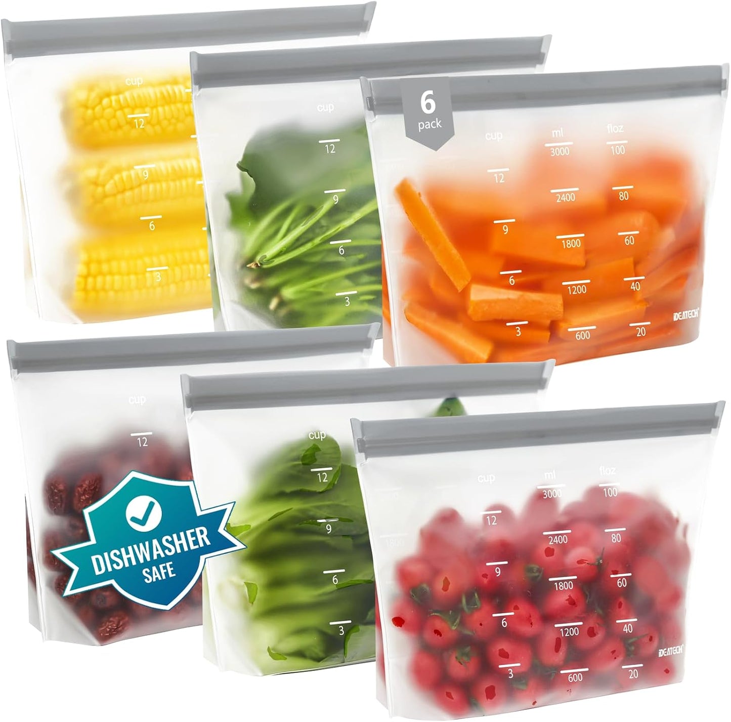 IDEATECH Reusable Bags Dishwasher Safe, BPA Free Reusable Freezer Bags Stand Up, Leakproof Silicone Bags for Food Storage Containers, Salad Fruit,Vegetables,Traval, Home Organization -Gray 6 Gallon
