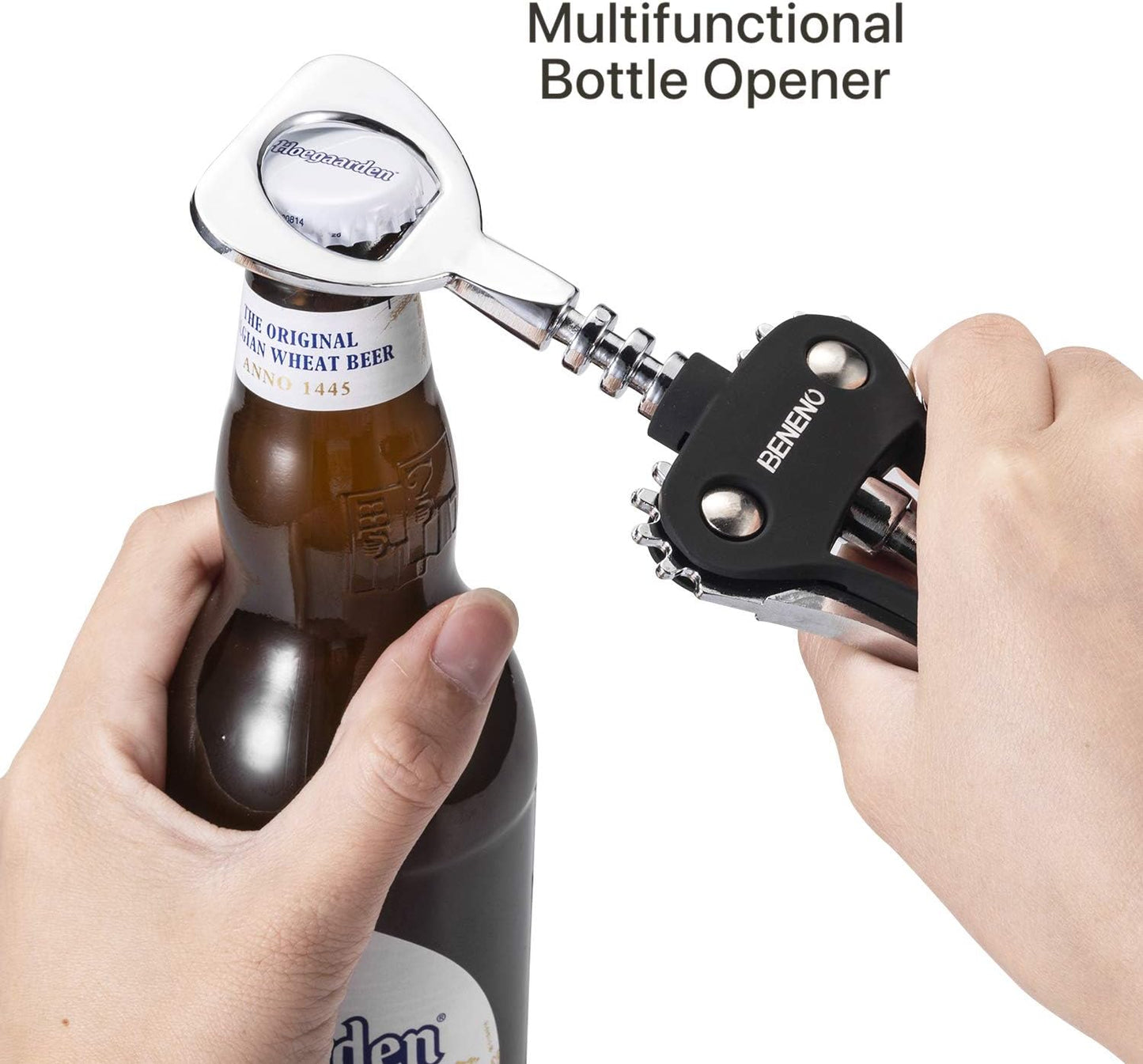 Beneno Wine Opener, Zinc Alloy Premium Wing Corkscrew with Multifunctional Bottles Opener, Sharp Wine Corkscrew with Ergonomic Non-Slip Wing Handle, Upgrade Black