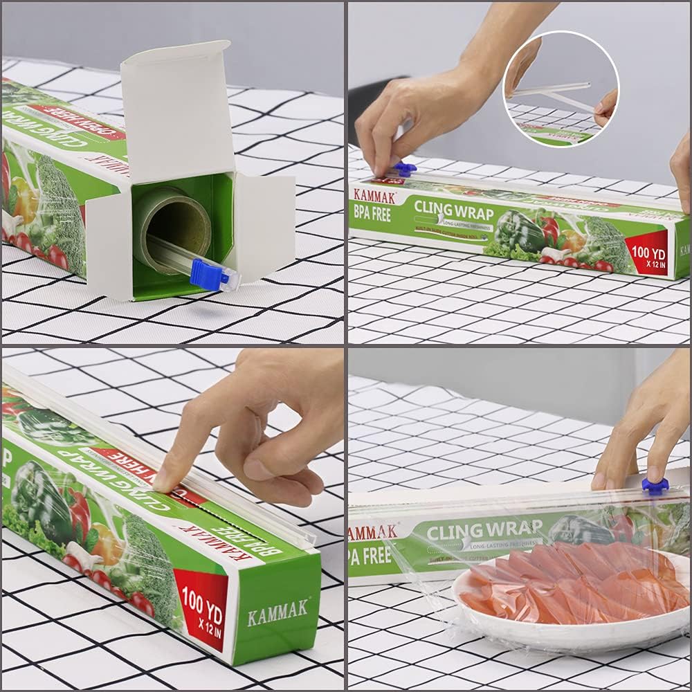 KAMMAK Plastic Wrap with Slide Cutter - 4 Pack 12 inch Clear Cling Film, 300 Square FT Roll - BPA Free, Microwave Safe, Quick Cut Kitchen Wrap