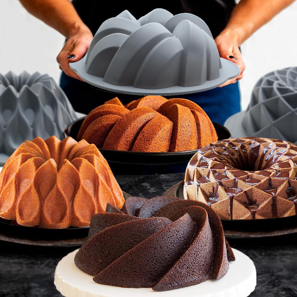 Tongjude 4 Pieces Silicone Fluted Cake Pans, 10/12 Cups Tube Baking Pan, Silicone Molds for Homemade Cake, Bread and Jello, Non-Stick, Grey