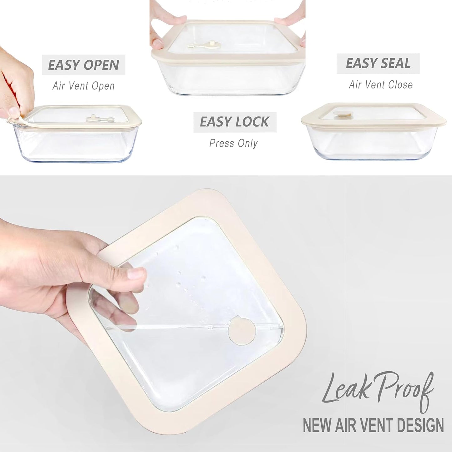Urban Green Glass Food Container Set with Glass Lid, Large Meal Prep Container Set, Airtight Food Storage Containers with Air Vent Lid, 2 Pack, Large, 87oz, LeakProof, 100% Plastic Free, White color,