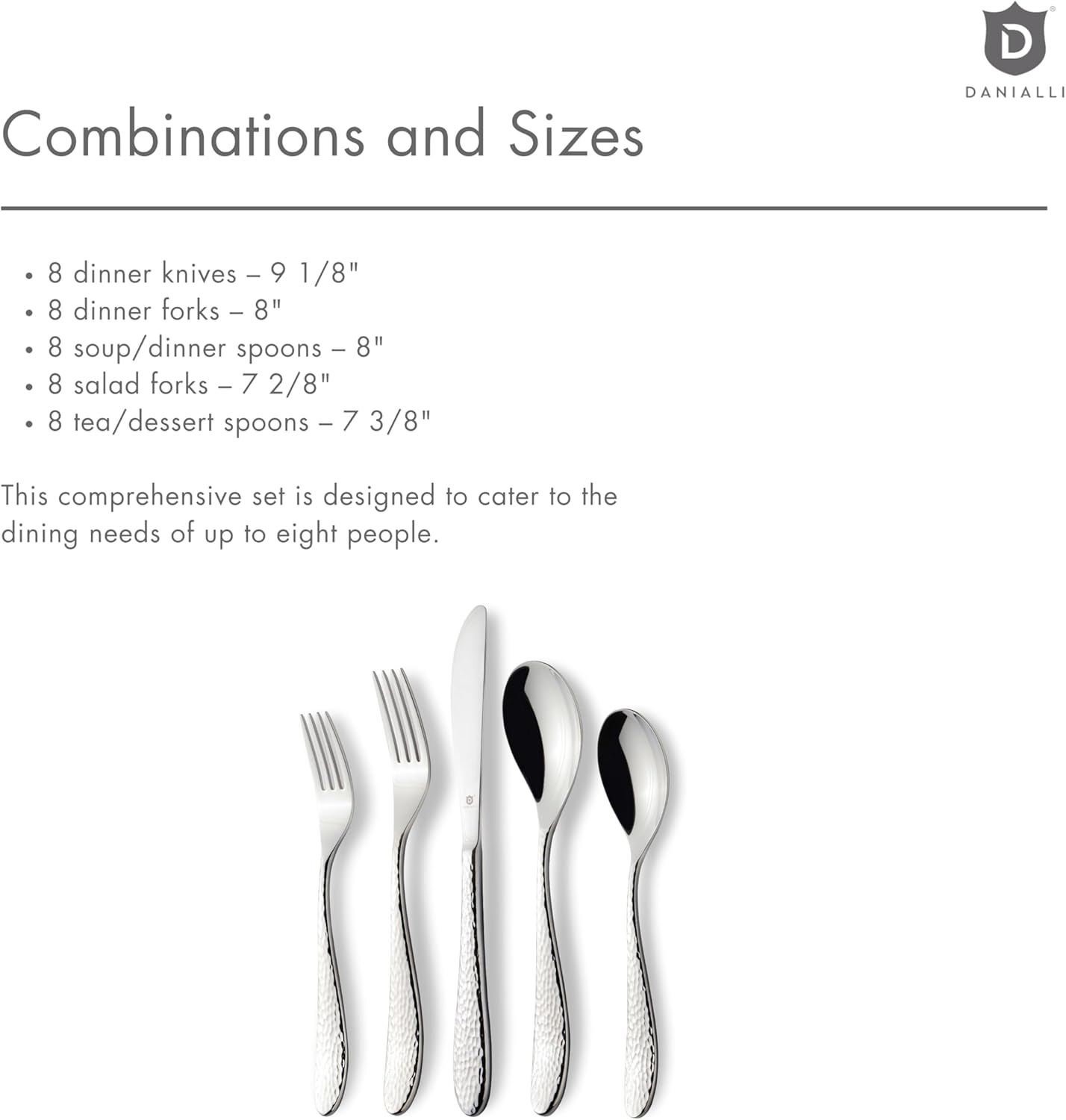 Matte Silverware Set, 18/10 Stainless Steel Satin Flatware, Modern Brushed Finish Cutlery, Dishwasher Safe & Durable, Built to Last (40-Piece, Marettimo Hammered)