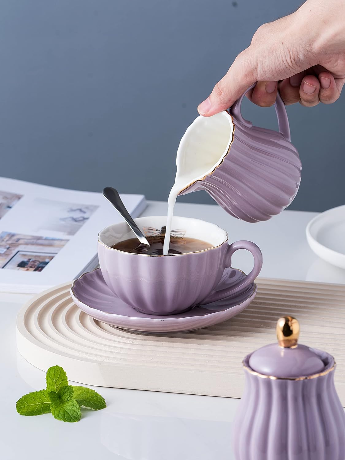 Jusalpha Fine China Pink Teapot and Creamer Sugar Bowl Set, TW (Purple)
