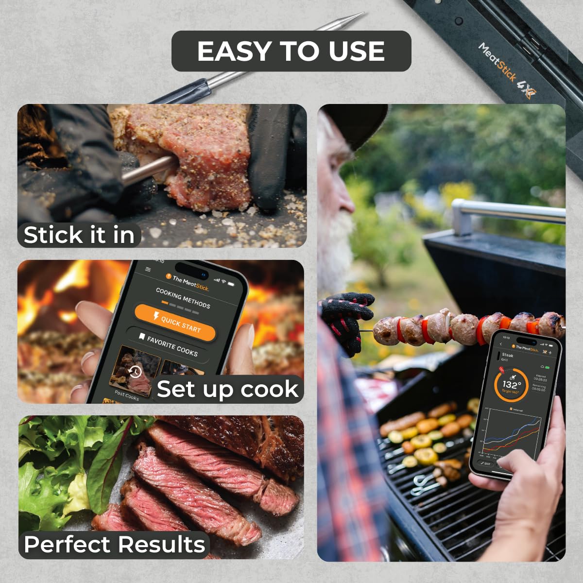 MeatStick 4X Wireless Meat Thermometer for Grilling and Smoking, Bluetooth Temperature Probe with 4 Sensors, 650ft+ Range for BBQ, Smoker, Oven