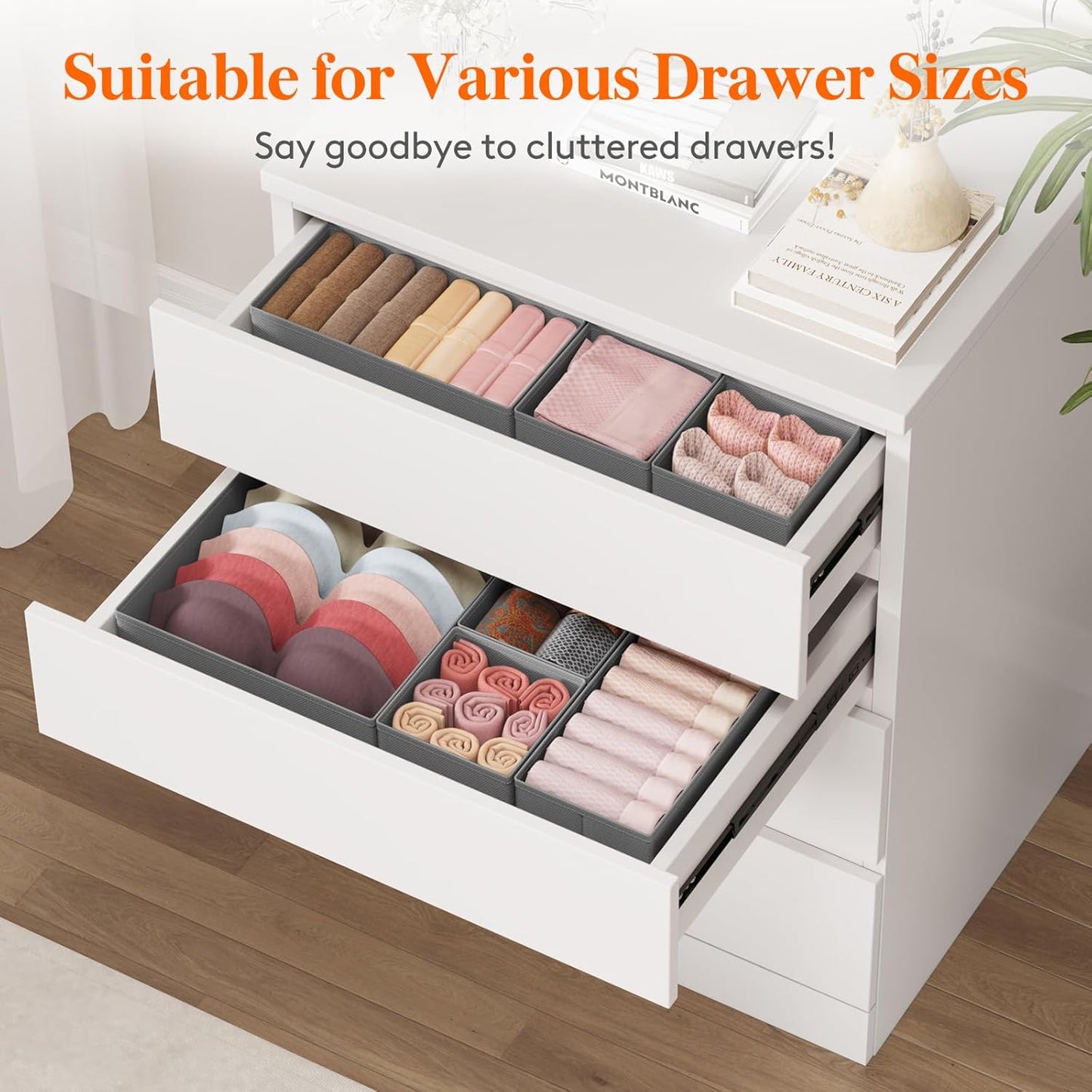 Lifewit 24 Pack Drawer Organizer, Dresser Underwear Drawer Organizer Bins, Foldable Fabric Closet Organizers, Storage Drawer Dividers, Dorm Room Essentials for Clothing, Socks, Towels, Ties Gray