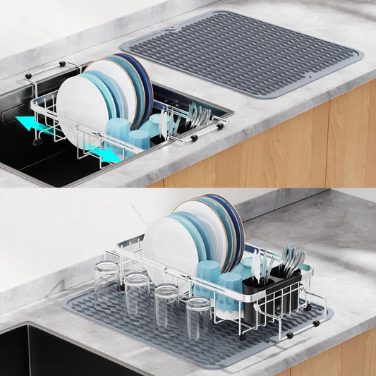 GSlife Small in Sink Dish Drying Rack - Stainless Steel Capacity Expandable Dish Drainer with Utensil Holder for Counter or Inside Sink, 11.9“-16.7” L x 9" W x 5.7" H, Silver