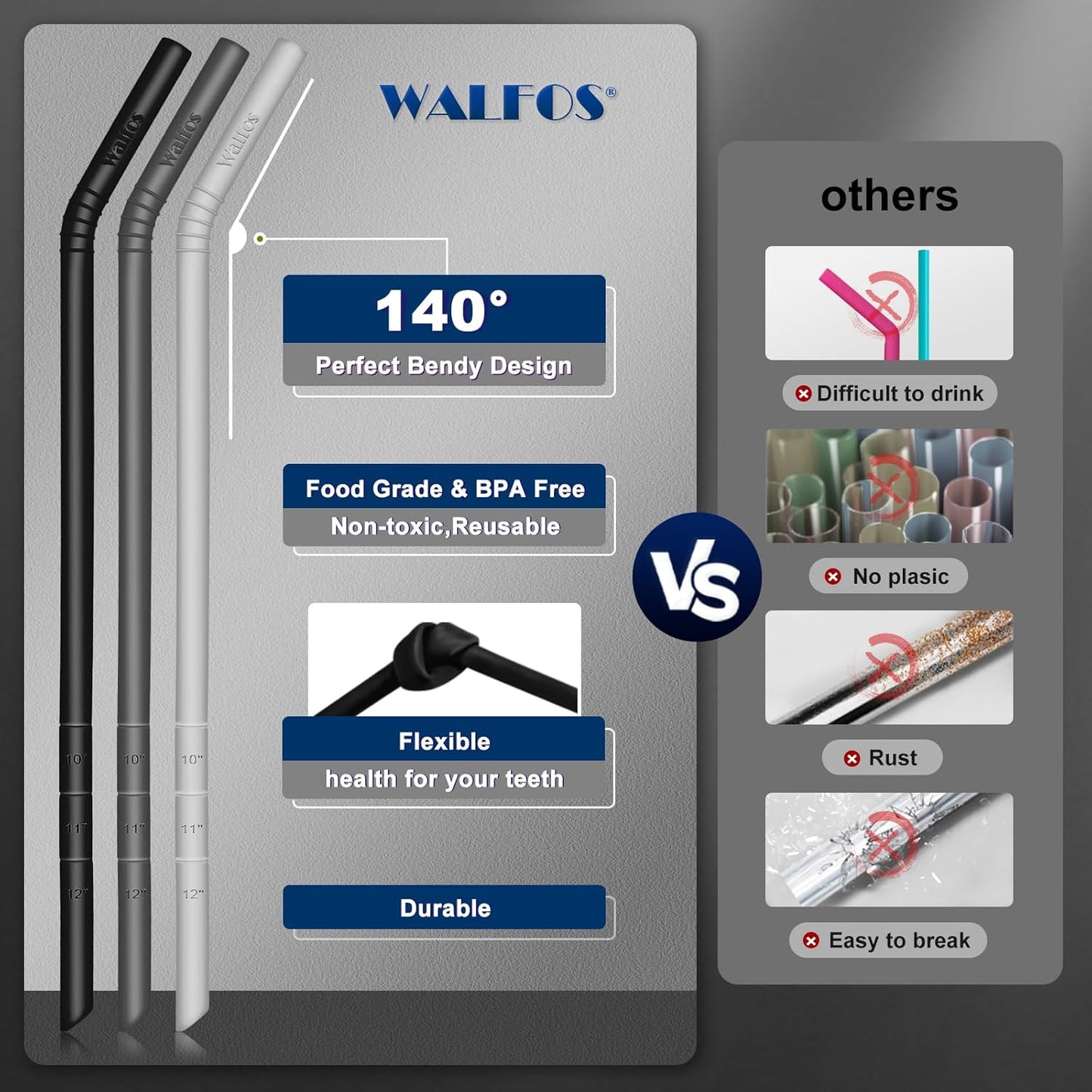WALFOS Extra Long Reusable Silicone Straws 14.5 inch, Big Sizes Flexible Bendy Straws for 1/Half Gallon Large Water Bottles, 128 75 64 40 OZ Tumbler with Cleaning Brush (6-Pack)