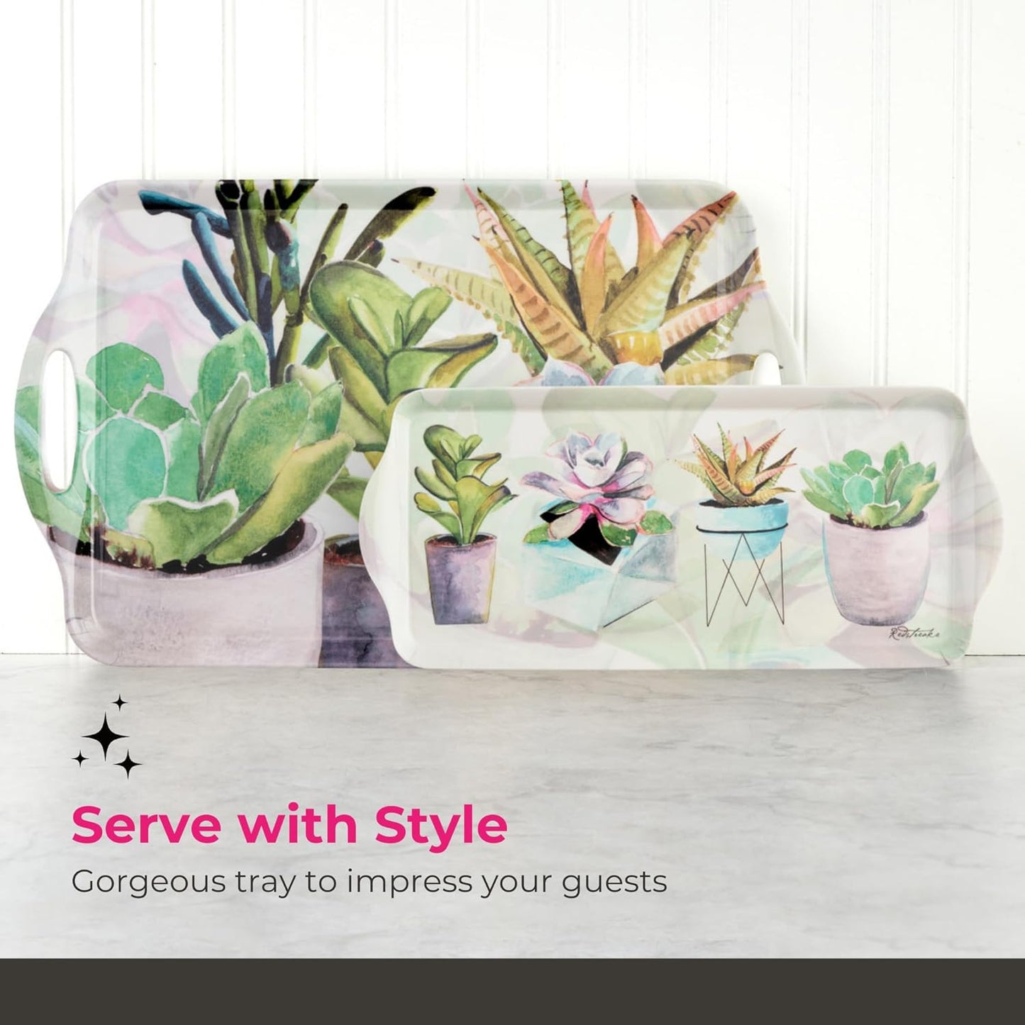 Pimpernel Succulents Rectangular Snack Tray with Handles - 15.1" x 6.5" Melamine Botanical Platter for Coffee, Breakfast, or Sweets - Dishwasher-Safe Decorative Kitchen Server