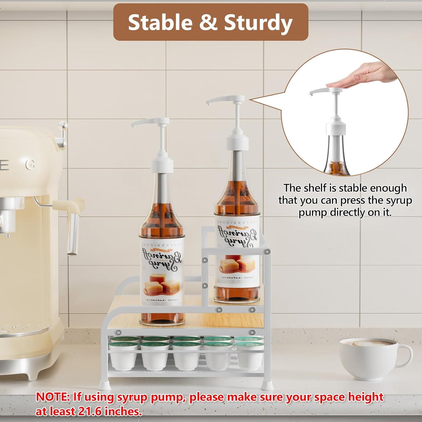 Coffee Syrup Rack Organizer, 3-Tier 8 Bottles Syrup Rack with 35 K Cup Storage Basket for Coffee Bar, Countertop Bottle Holder Stand for Wine, Dressing for Kitchen Cafe Station- White