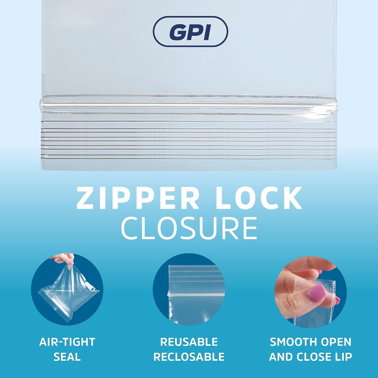 GPI - 7" x 7", Pack of 100, Clear Plastic Reclosable Zip bags, Large, Bulk 2 mil Thick Strong & Durable Poly Baggies With Resealable Zip Top Lock For Travel, Storage, Packaging & Shipping.