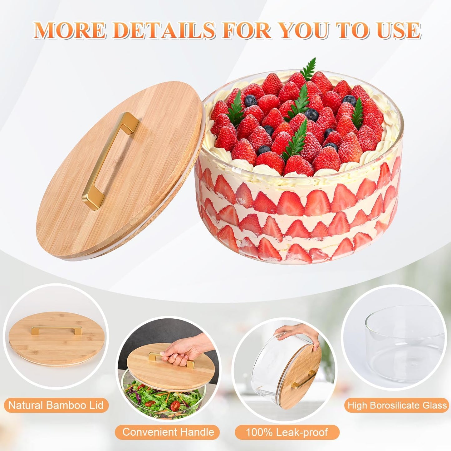 Large Salad Bowl, 8 inch Trifle Bowl Glass with Sealed Lid, Versatile Mixing and Serving Bowl for Laying Ice Cream,Cake,Cupcake,Salad,Fruit,Baking,Dessert and Party Diy, Microwave Safe