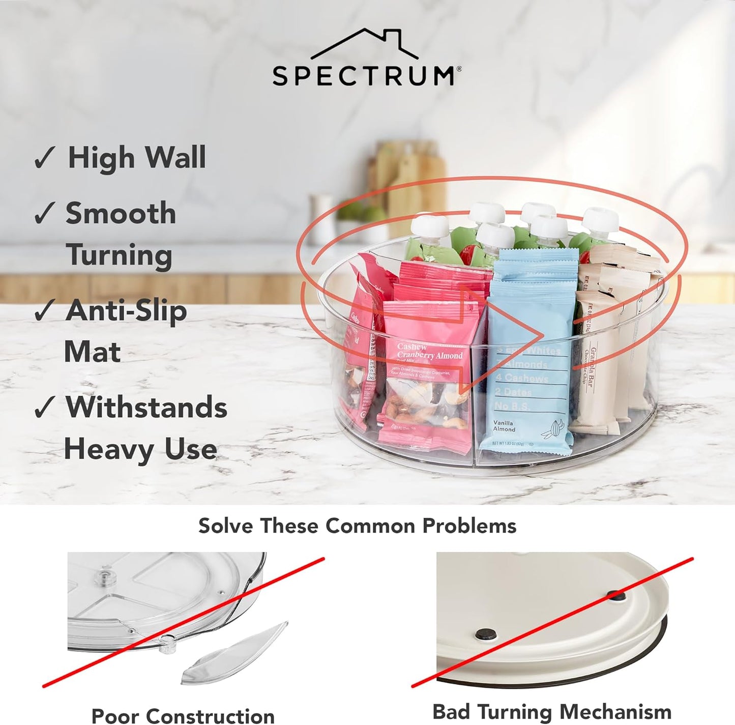Spectrum XL Lazy Susan Organizer 12.25 in for Large Cabinet Fridge Pantry Table Shelf Bath Kitchen Organization, Charcoal Gray Extra Large Rotating Turntable Storage for Condiments Spice Bottles