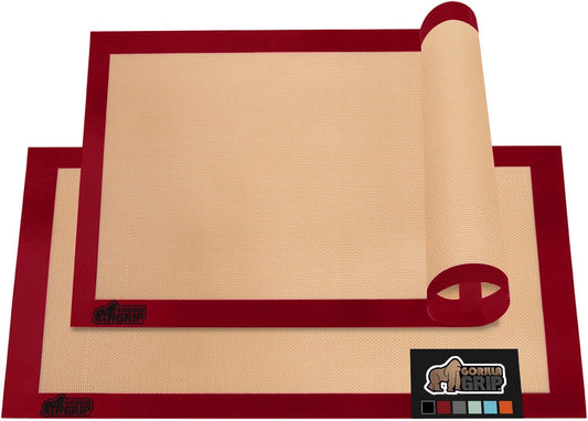 GORILLA GRIP Reusable Nonstick Silicone Baking Mat, 2 Pack, 16.5x11.87, BPA-Free Oven Safe Food Liner, For Cookie Sheets, No Mess Easy Clean Pastry Mats, Kitchen Essential, Half Sheet Size, Red