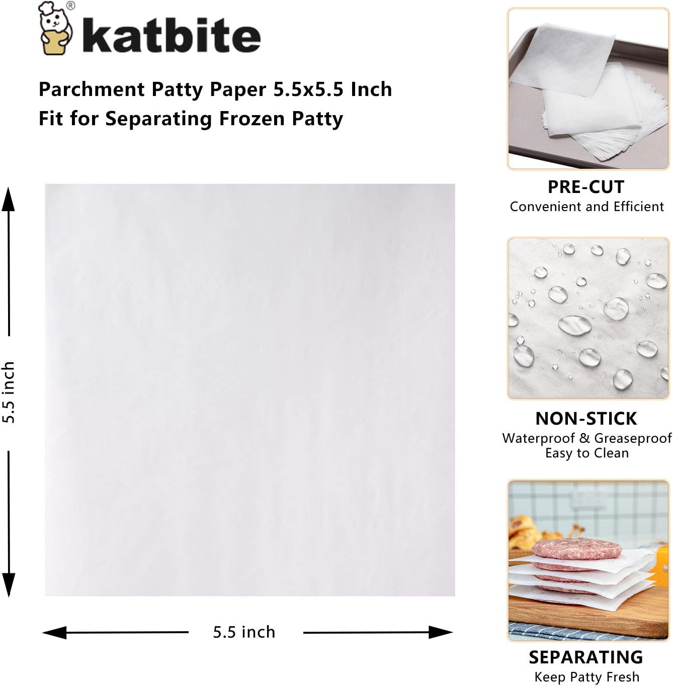 Katbite Hamburger Patty Paper 1000Pcs, 5.5"x5.5" Non Stick Parchment Paper Squares Sheets for Patty Seperate, Burger Press, Ground Beef, Freezing or Candy Wrappers, Use for Oven, Microwave or Freezer