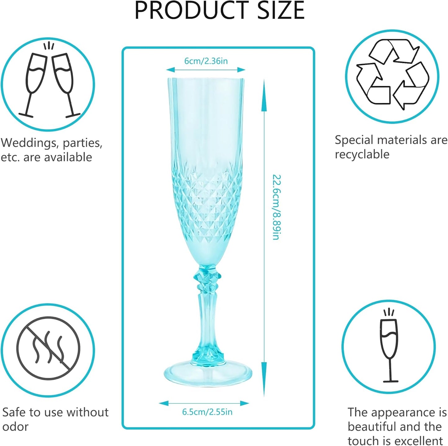 Plastic Champagne Flutes, 12PCS Light Cyan Wine Glasses Goblets Reusable Champagne Flute for Weddings, Bachelor Parties, Toasting, and Events(12,Light Cyan)