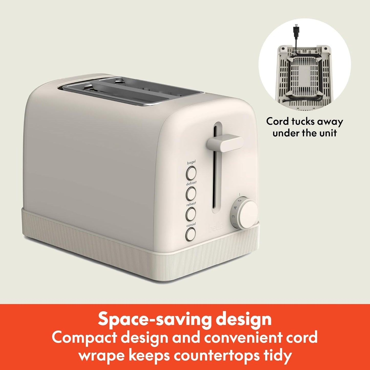 bella 2 Slice Toaster, 6 Setting Shade Control w Reheat, Cancel, Bagel & Defrost Buttons, Removable Crumb Tray, Anti Jam & Auto Shutoff, Auto Centering Guides & Cord Wrap, 900 Watt, Oatmilk