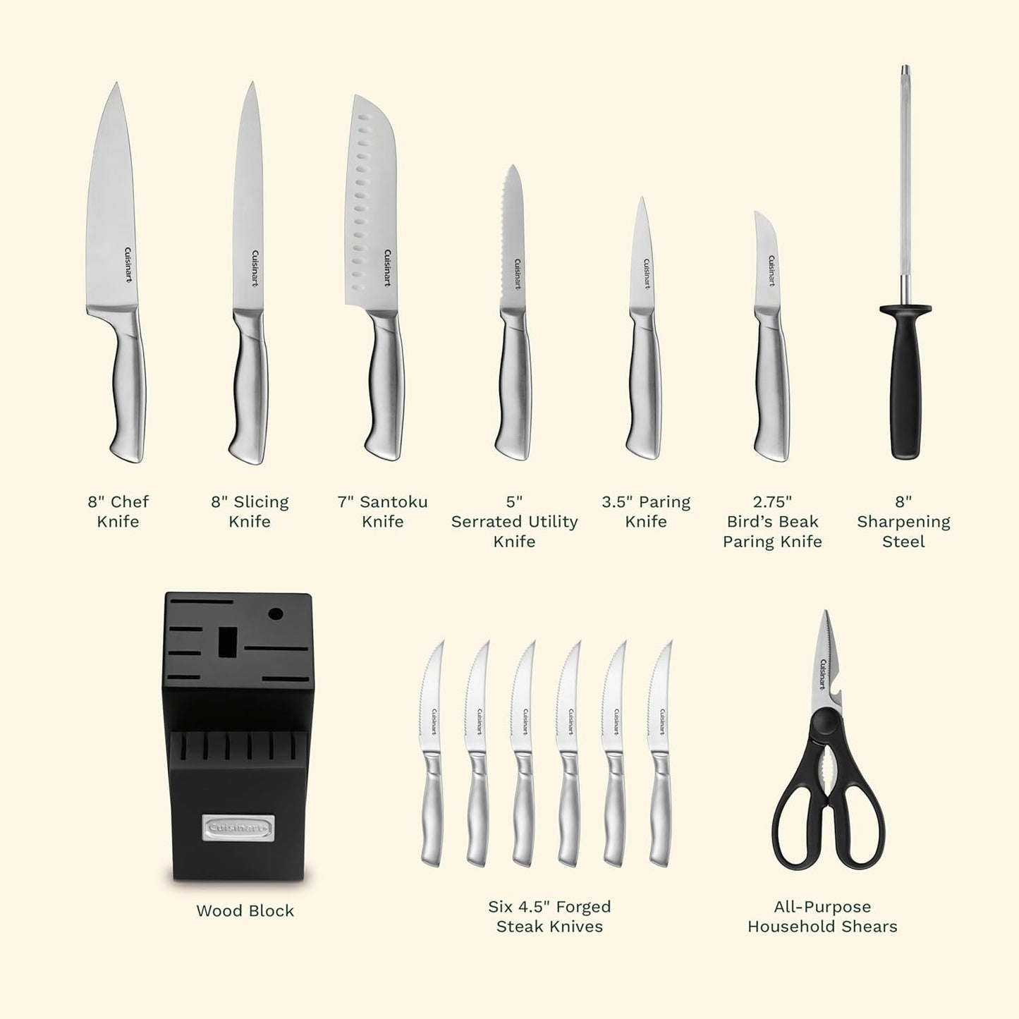 Cuisinart Stainless Steel Hollow Handle 15-Piece Cutlery Block Set, Kitchen Knife Set with Steel Blades for Precise Cutting, Durable Knives with Ergonomic Handles, C77SS-15PK