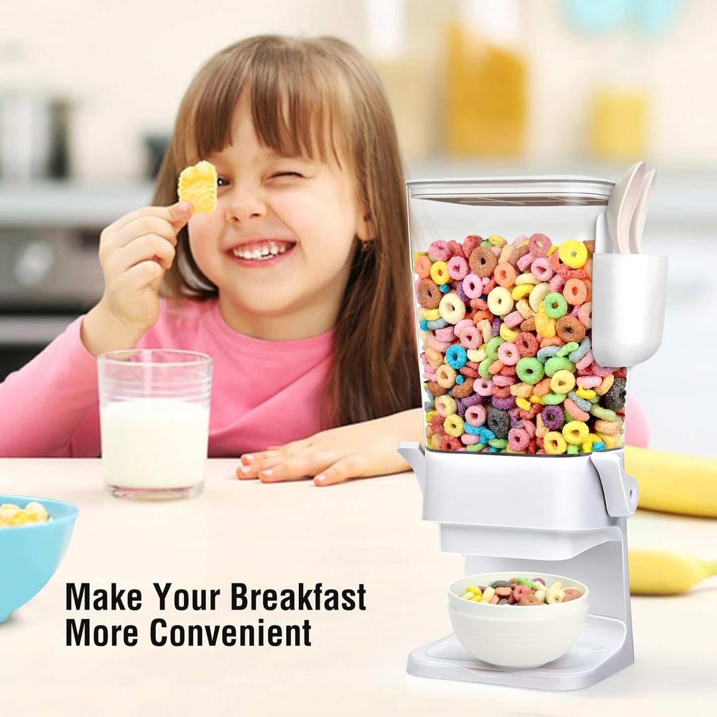 Cereal Dispenser Countertop with 4 Pack Bowls and Spoons 5.5 Qt Large Cereal Storage Container Holder for Pantry Dry Food Nut Dispenser Snack Candy Organizer Kitchen Organization for Oatmeal Granola