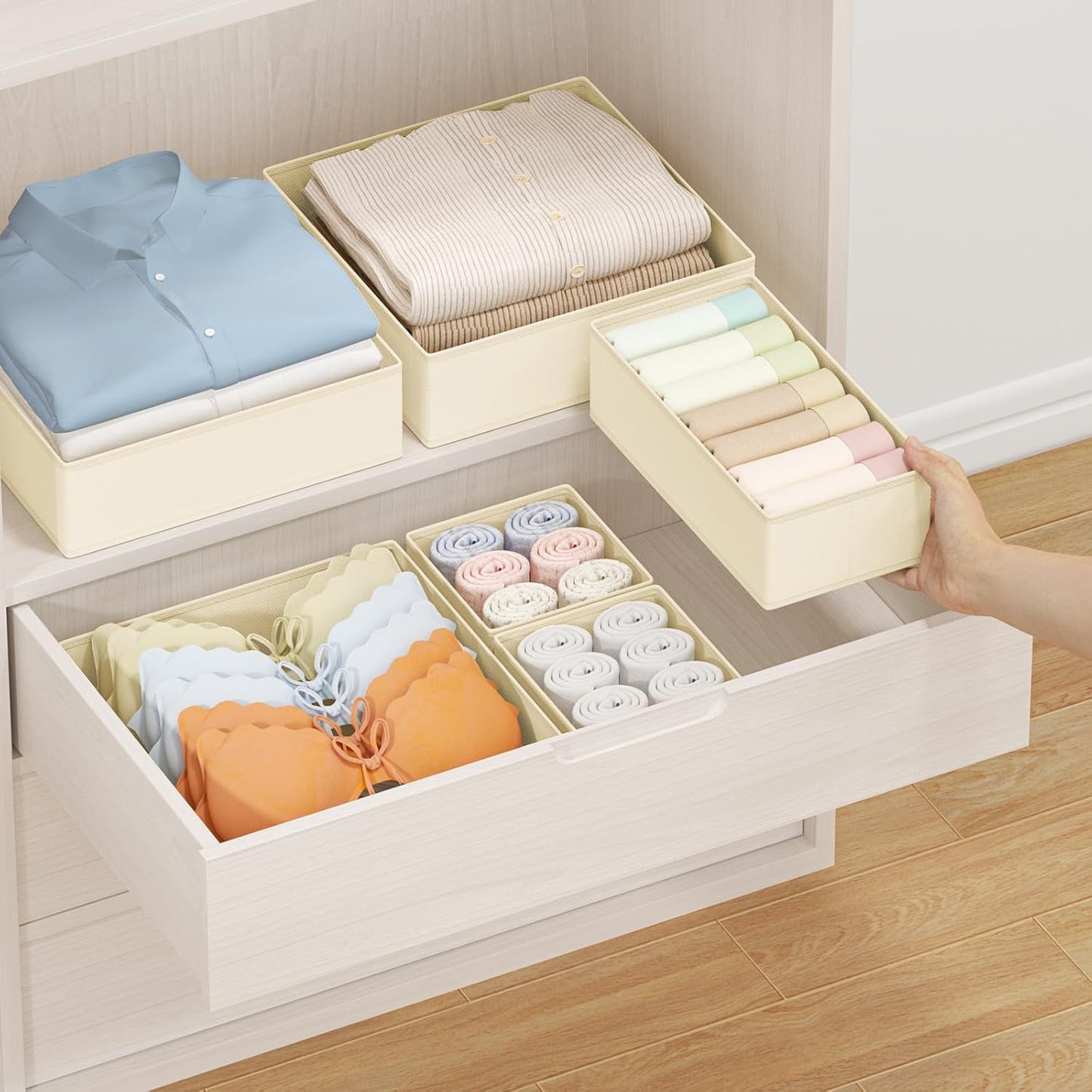 DIMJ Drawer Organizer Clothes, 8 Pack Dresser Organizer, Foldable Closet Organizers and Storage, Fabric Dresser Bins, Drawer Dividers for Nursery, Baby Clothes, Underwears, Sock (Beige)