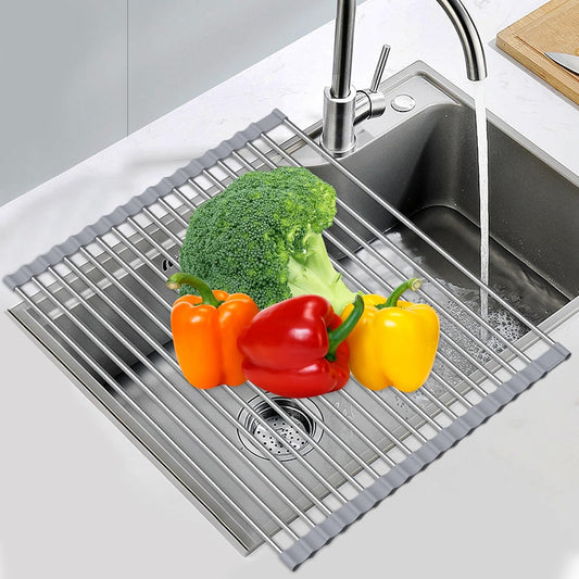Expandable Roll Up Dish Drying Rack, 23.6"L x 15.7"W Large Stainless Steel Over The Sink Dish Drying Rack with Silicone Wrapped Anti-Slip Foldable Multipurpose Dish Drainers for Kitchen Sink