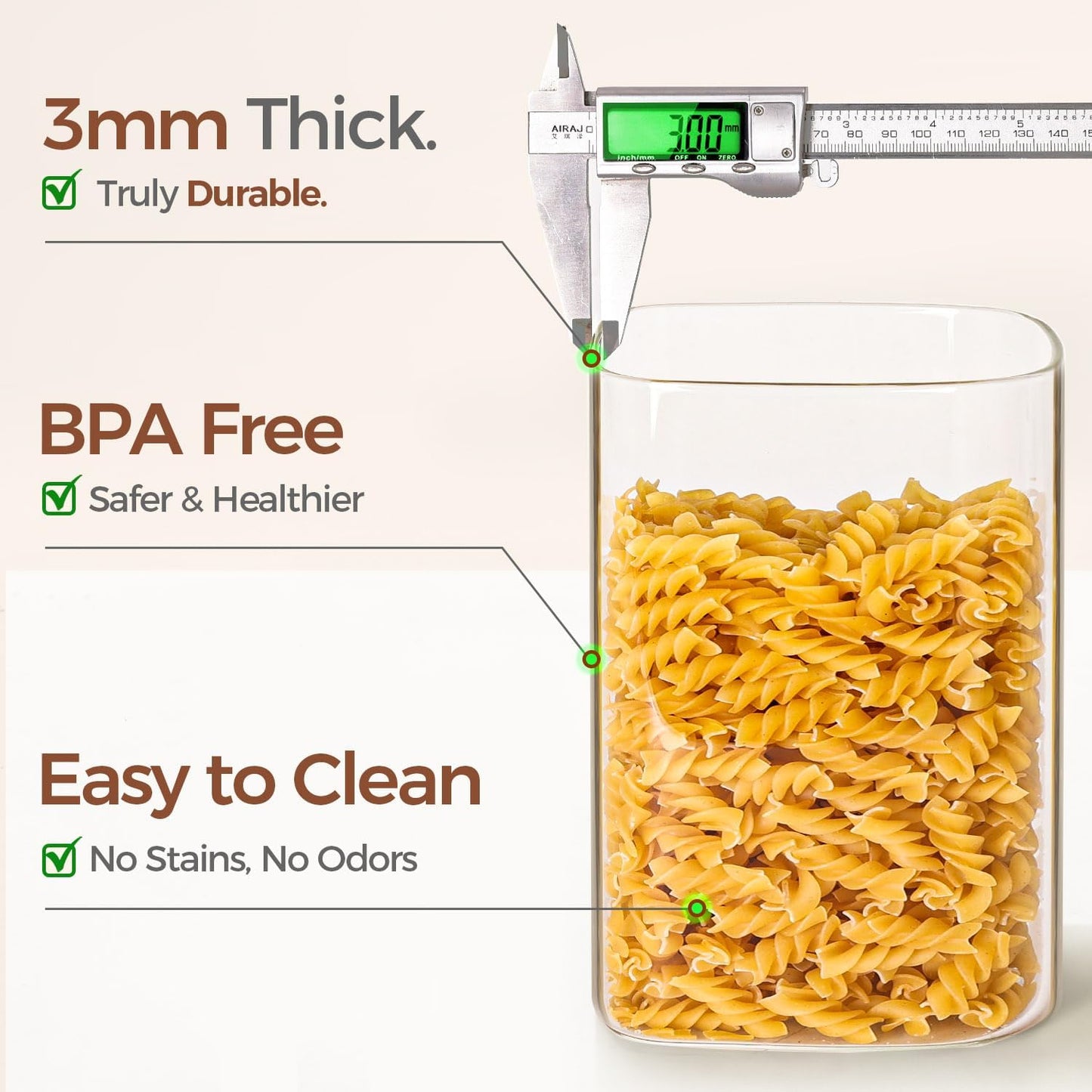 ComSaf 3.6Qt Glass Food Storage Containers, Cereal Storage Containers with Airtight Lids, Large Square Glass Jars with Bamboo Lids, for Rice, Pasta, Oats, Grains, Coffee Beans