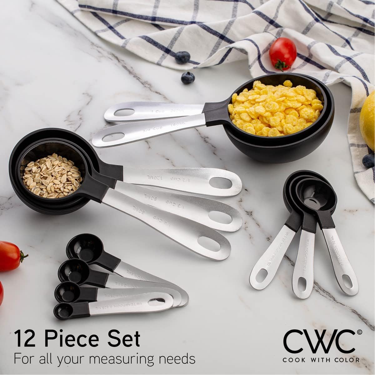 COOK WITH COLOR Measuring Cups Set and Measuring Spoon Set, Stainless Steel Handles, Nesting Kitchen Measuring Set, Liquid Measuring Cup Set, 12 PC Stainless Steel, Black