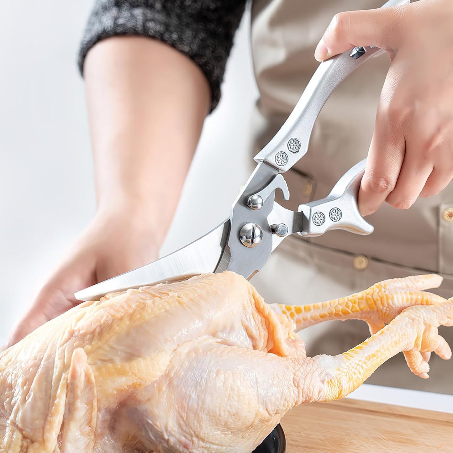 Poultry Shears Heavy Duty Professional, Multipurpose Kitchen Shears with Sheath, Spring-Loaded Stainless Steel Chef Scissors Cutting Bone, Chicken, Fish, Food, Meat, Full Steel Handle Brown