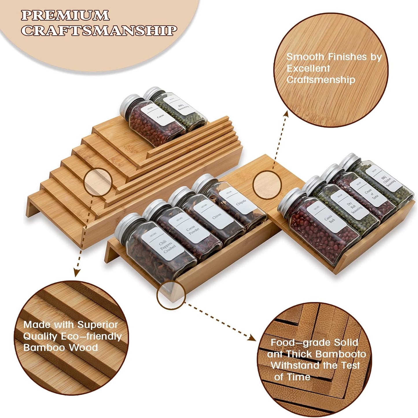 Bamboo Spice Rack Drawer Organizer - 8-Piece Set - 13" Wide Per Piece - Combine Into 26" Wide Rack