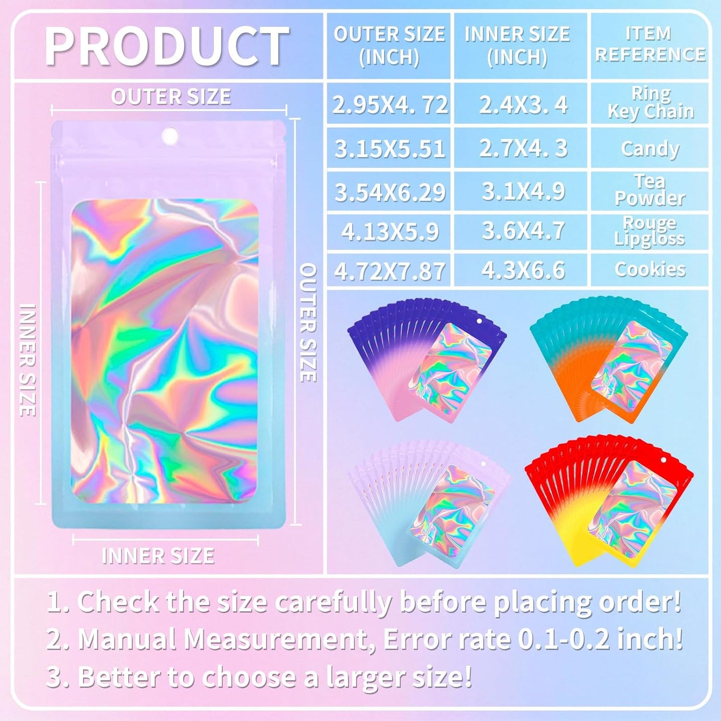 200 Pack Resealable Mylar Holographic Bags Food Storage Smell Proof Bags with Front Window Foil Packaging Pouch for Candy Sample Jewelry Small Business 3.54×6.29 Inch, Blue Fade Purple