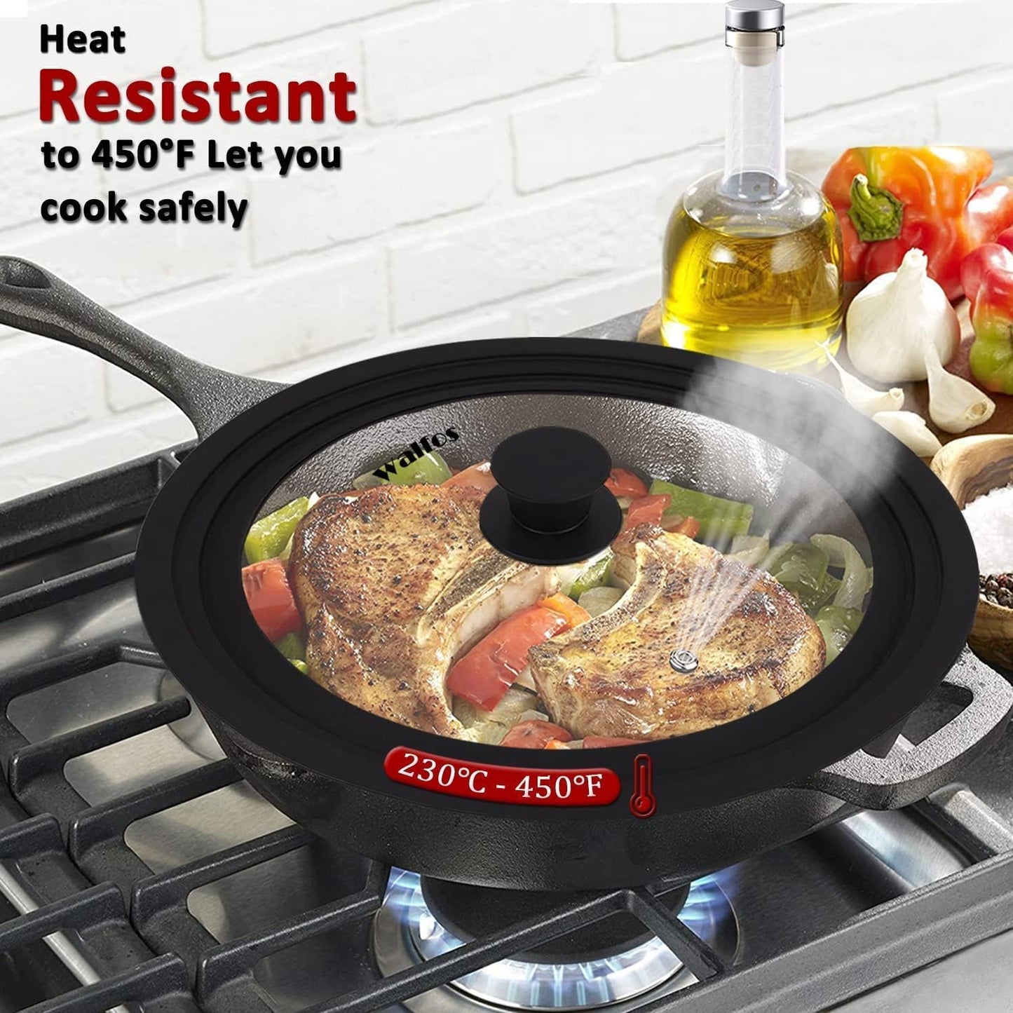 Universal Lid for Pots, Pans and Skillets - Walfos Tempered Glass Pan Lid with Heat Resistant Silicone Rim, Multi-Sizes BPA Free Pot Lids Fits 8", 9" and 9.5" Diameter Cookware, Dishwasher-Safe, Black