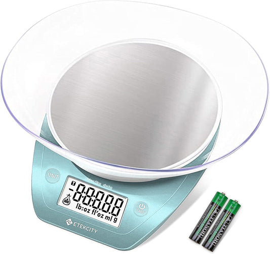 Etekcity 0.1g Food Scale, Bowl, Digital Grams and Ounces for Weight Loss, Dieting, Baking, Cooking, and Meal Prep, 11lb/5kg, Bright Blue