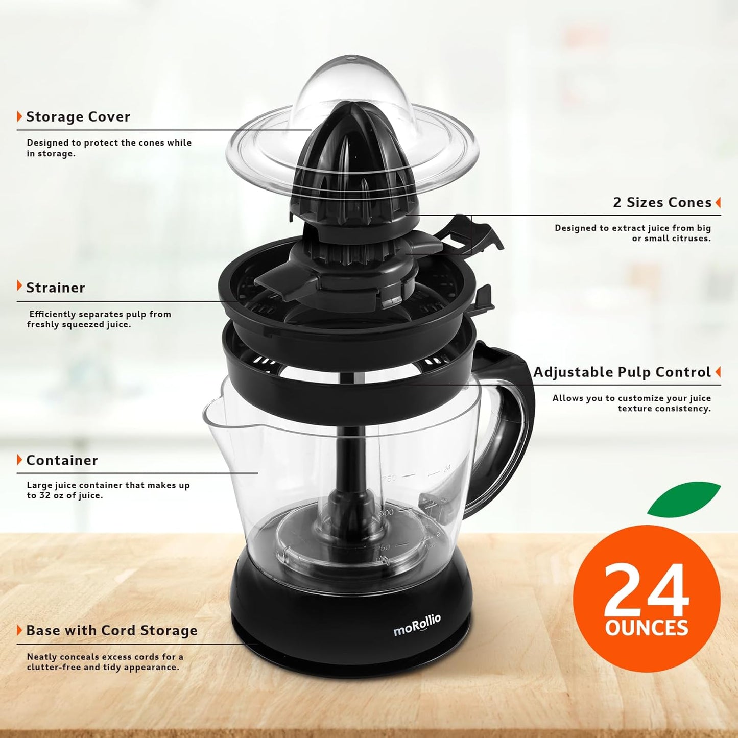 Electric Citrus Juicer, Compact Space-Saving Orange Juicer, 24oz | Adjustable Pulp Control, for Oranges, Grapefruits, Lemons and Limes