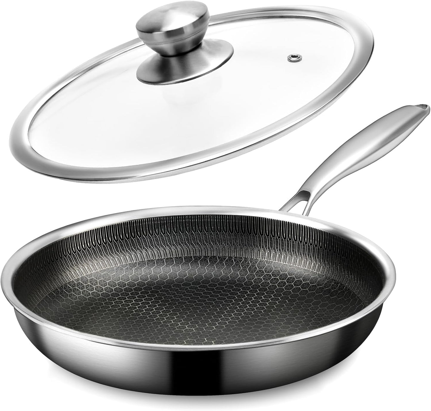 Stainless Steel Frying Pan with Lid, 8 Inch Honeycomb Non Stick Frying Pan, Small Stainless Steel Nonstick Pans W/Lid, Safe Nonstick Skillet Egg Omelete Pans, Oven Safe, Induction Compatible,PFOA Free