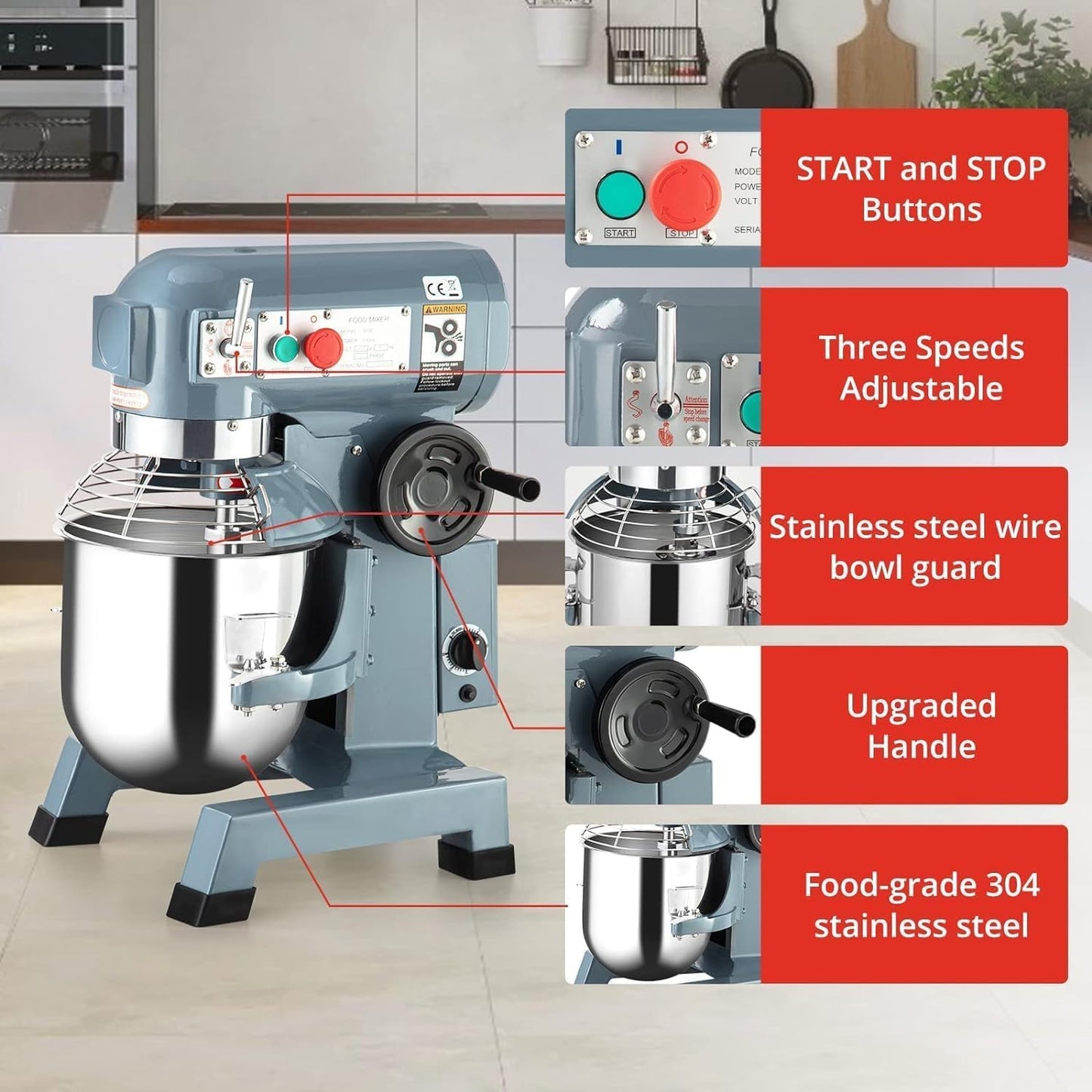 Garvee Commercial Food Mixer 10Qt, 450W Electric Food Mixer 3 Speeds Adjustable, Stainless Steel Bowl Heavy Duty Mixer with Safety Guard, Dough Hook Whisk Beater Included, Perfect for Bakery Pizzeria