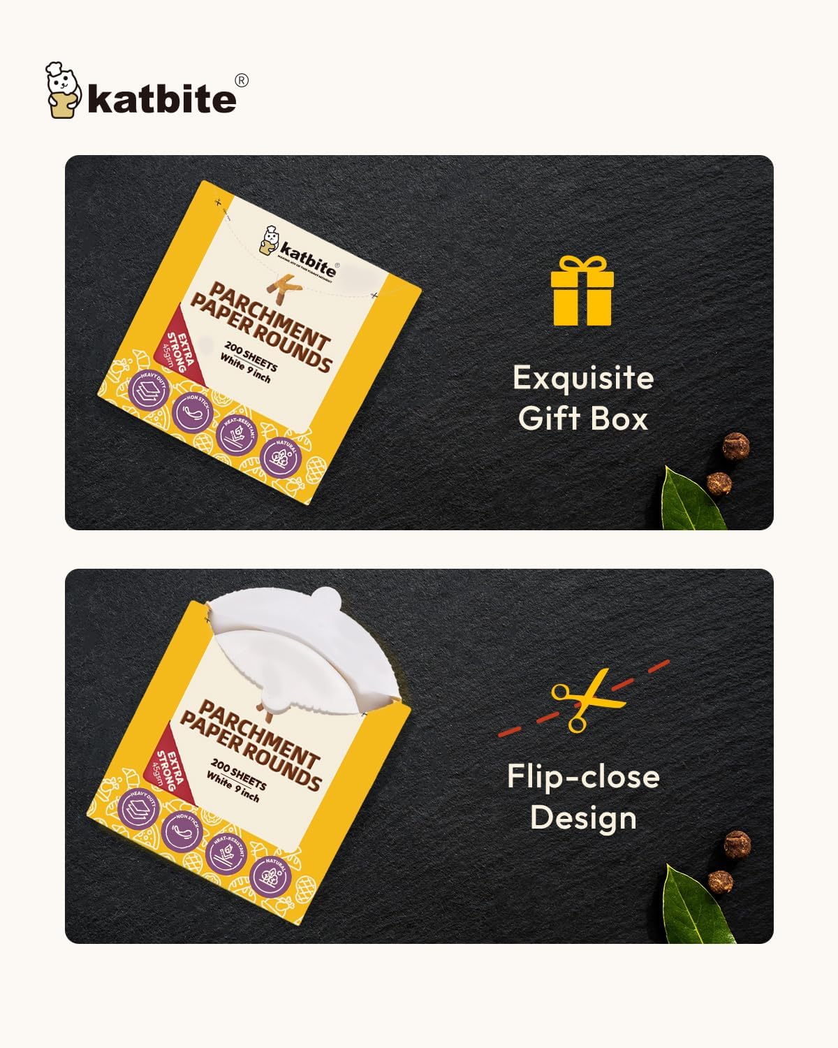 Katbite 9 Inch 400Pcs Parchment Paper Rounds, Round Parchment Paper for Cake Baking, Air Fryer Liners, Freezing, Tortilla Press(2 Pack of 200Pcs)